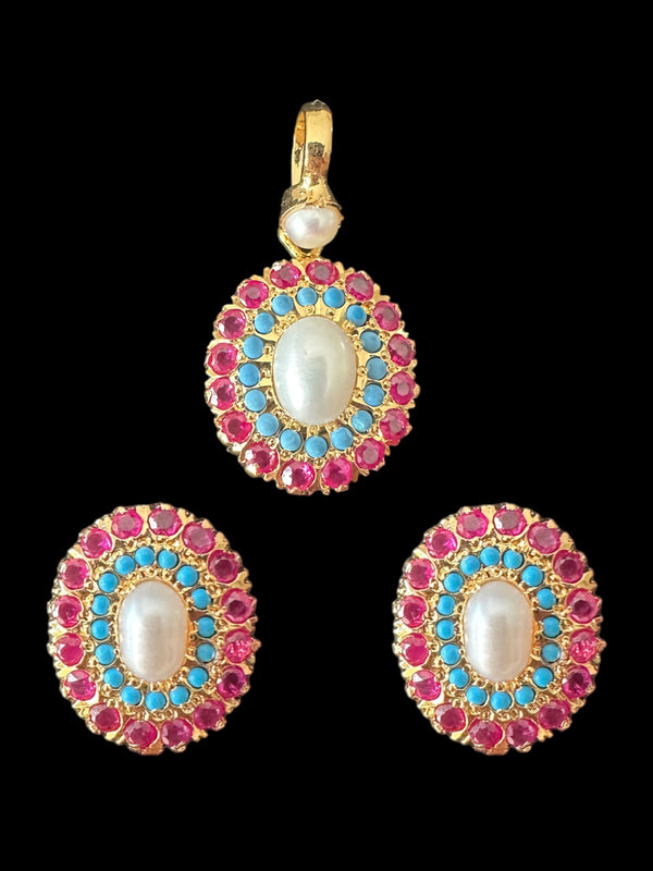 Gold plated jadau silver pendant set in ruby turquoise  ( READY TO SHIP )