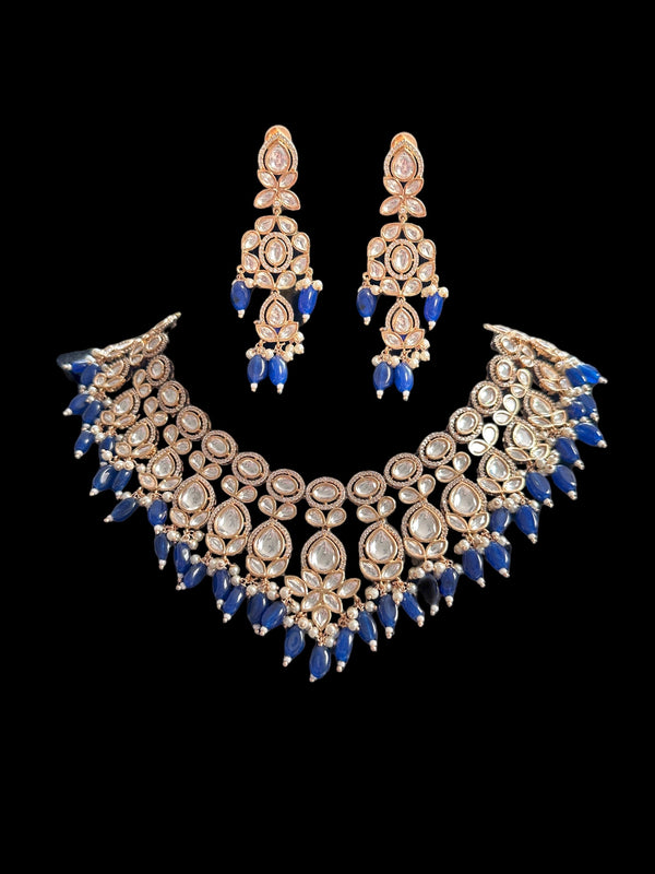 Bridal Polki necklace in blue beads ( READY TO SHIP )