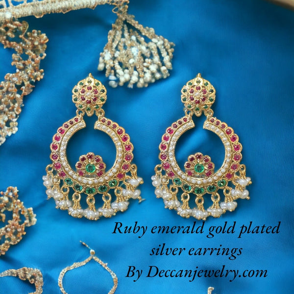 Ruby emerald with fresh water pearl chandbali earrings in gold plated silver ( READY TO SHIP )