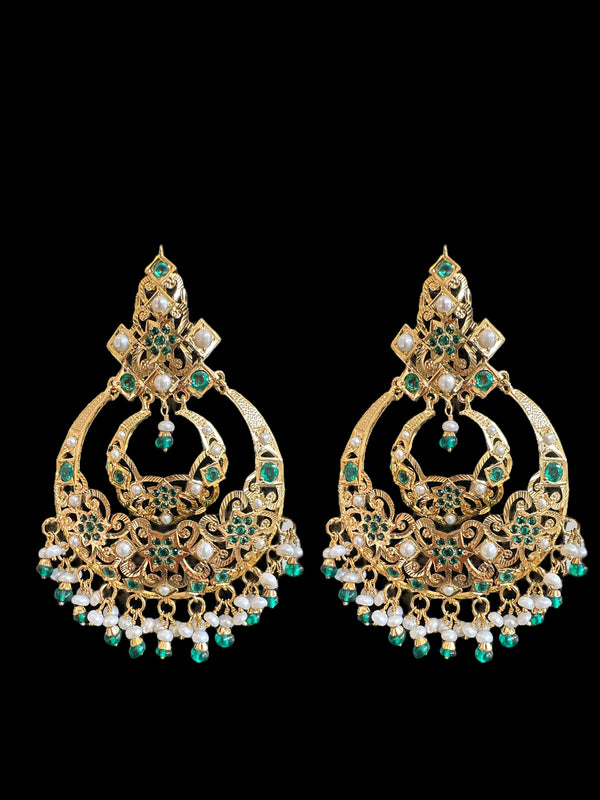 Emerald pearl gold plated silver chandbali earrings ( READY TO SHIP )