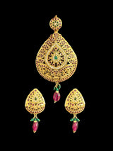 Ruby emerald jadau pendant with earrings in gold plated silver ( READY TO SHIP )