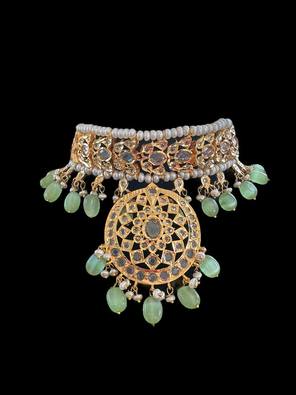 C282 Anmara gold plated choker in fresh water pearls  in green beads ( READY TO SHIP )
