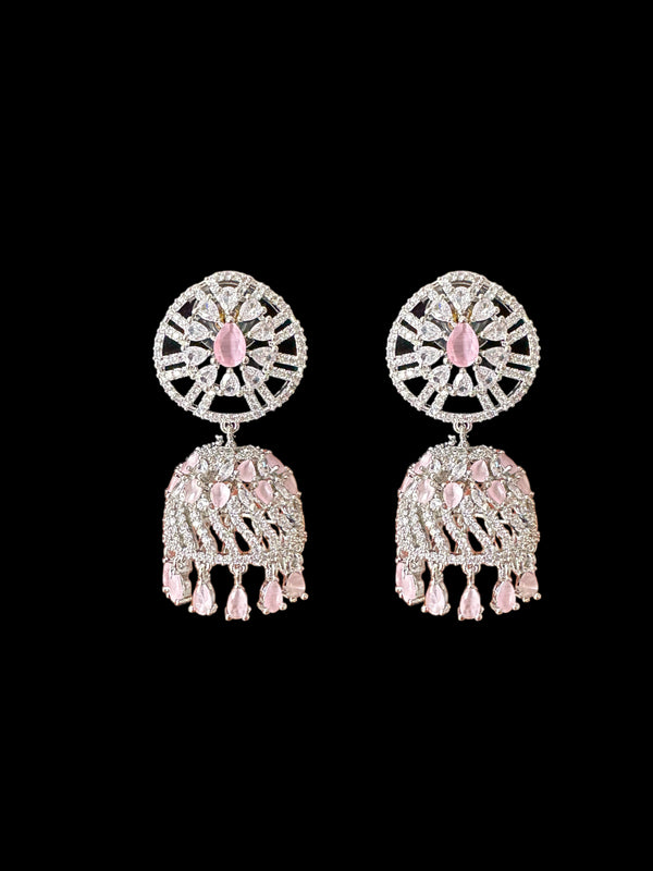 Cz jhumka  earrings - silver plated , pink ( READY TO SHIP )