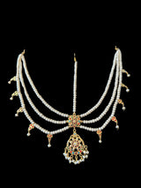 Navratan gold plated silver mathapatti in fresh water pearls ( READY TO SHIP )