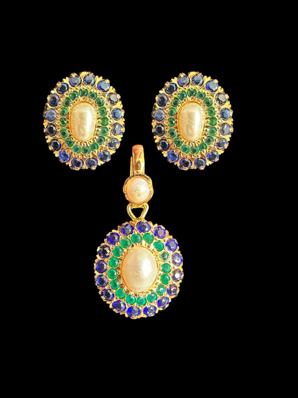 Gold plated jadau silver pendant set in emerald sapphire  ( READY TO SHIP )