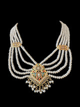 Navratan gold plated silver necklace with earrings in fresh water pearls ( READY TO SHIP )