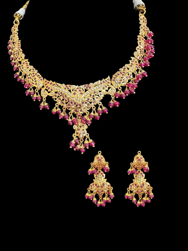 Ruby pearl gold plated silver necklace with earrings ( READY TO SHIP )