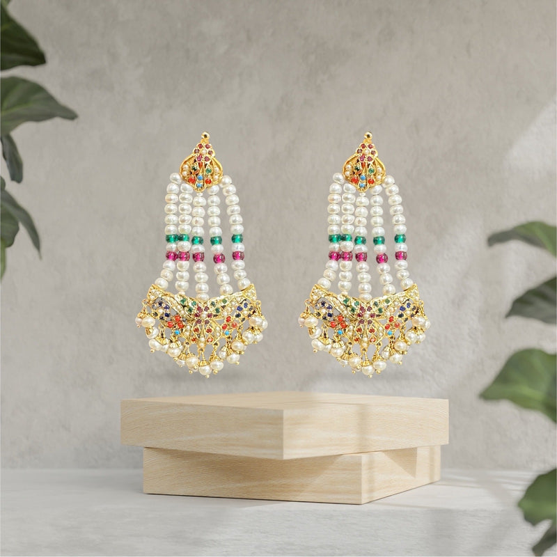 Gold plated silver navratan jhoomar earrings (READY TO SHIP )
