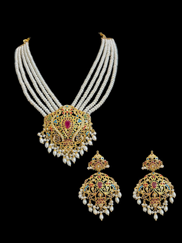 Navaratan necklace with earrings in gold plated silver ( READY TO SHIP )