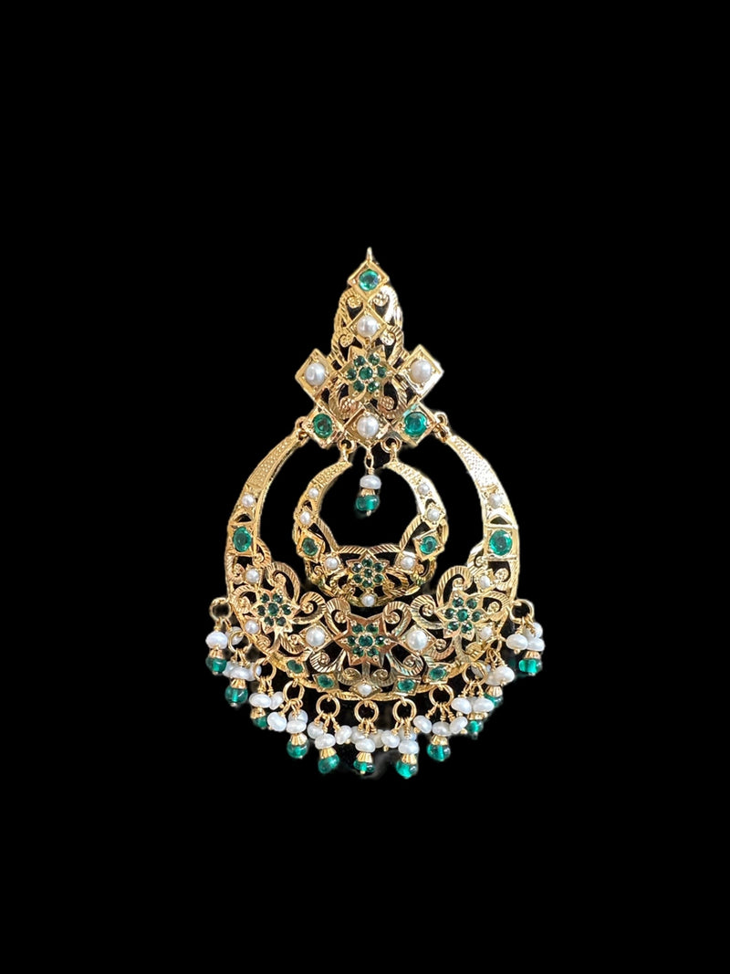 Emerald pearl gold plated silver chandbali earrings ( READY TO SHIP )