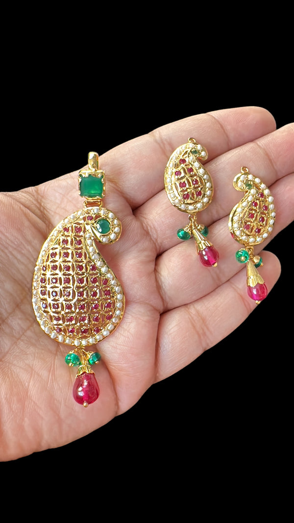 Gold plated jadau silver pendant set in ruby emeralds   ( READY TO SHIP )
