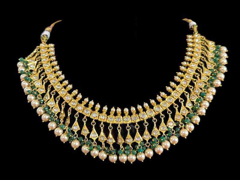 DNS87 Barfi necklace set with earrings in moissanite Polki and pearls ( READY TO SHIP )