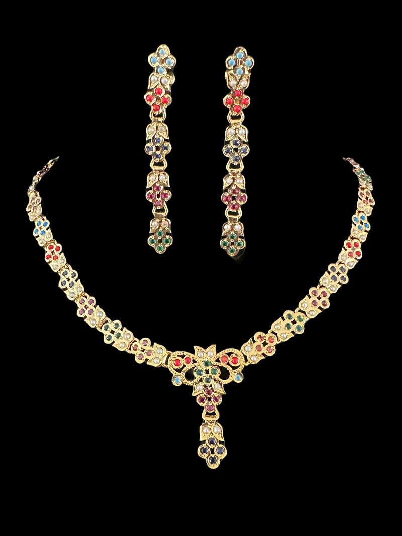 Navratan necklace set in gold plated silver ( READY TO SHIP )