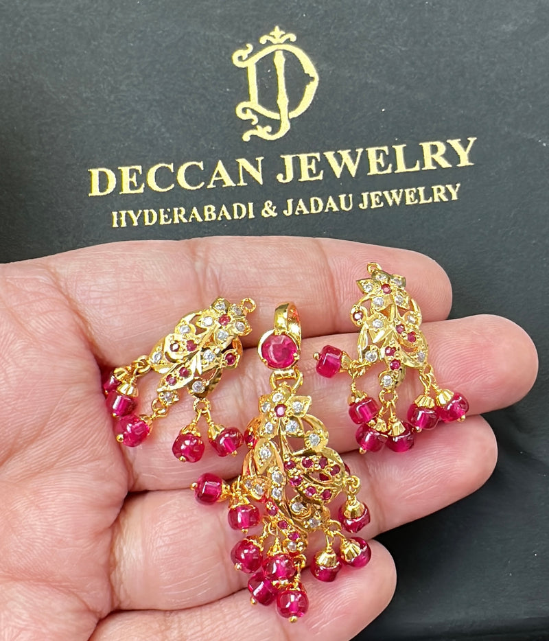 Gold plated jadau silver pendant set in rubies  ( READY TO SHIP )