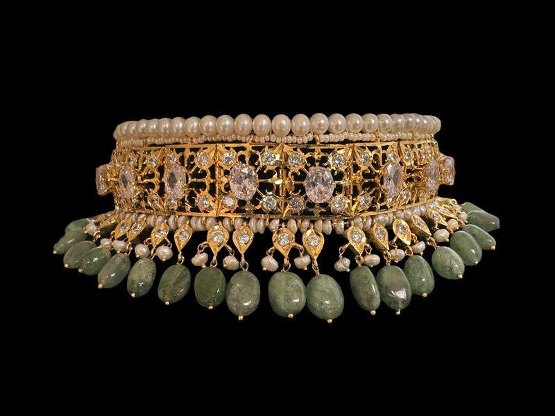 Jadavi lacha with karanphool in gold plated silver with fresh water pearls and emerald beads ( SHIPS IN 4 WEEKS  )