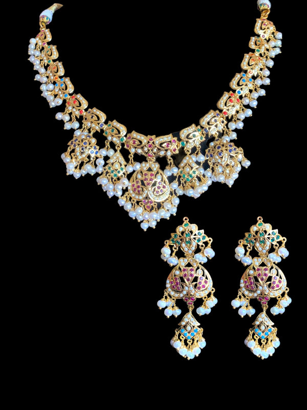 Navratan necklace  set with fresh water pearls in gold plated silver
