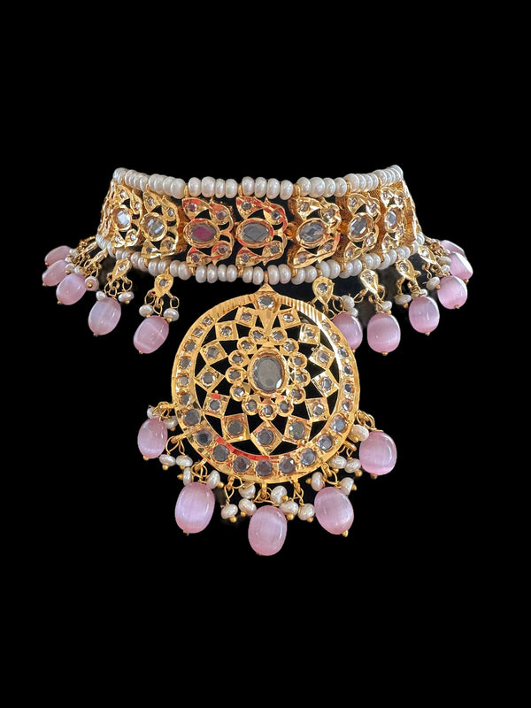 C281 Anmara gold plated choker in fresh water pearls  in pink beads ( READY TO SHIP )
