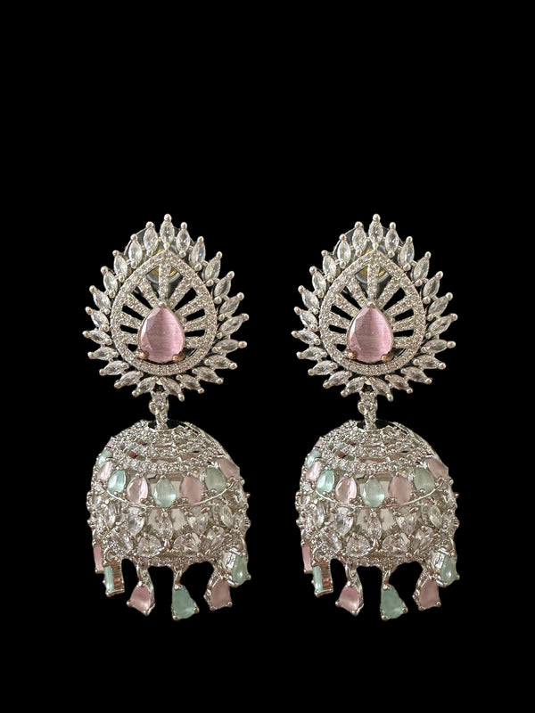 Cz jhumka earrings - pink and mint ( READY TO SHIP )