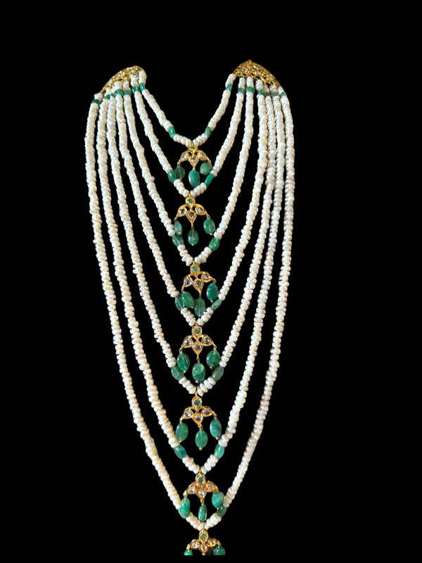 SAT81 Hyderabadi satlada in emerald beads and fresh water pearls (READY TO SHIP )