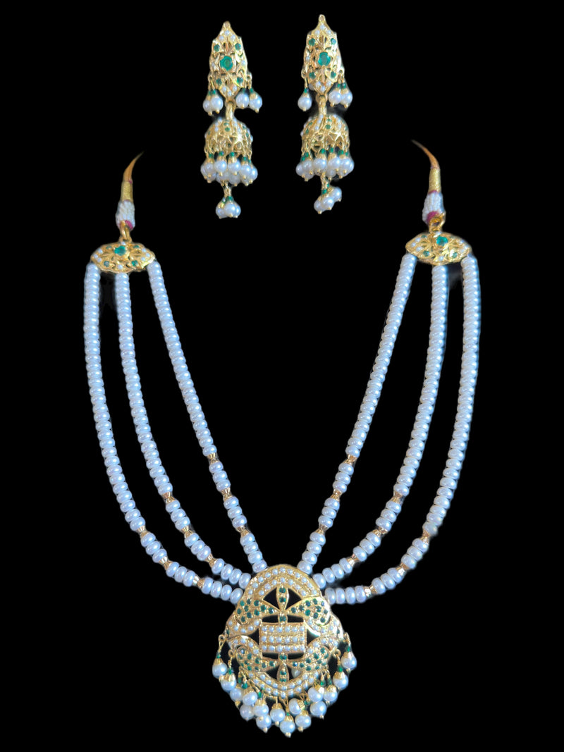 Emerald pearl short jadau necklace with jhumka earrings in gold plated silver ( READY TO SHIP)
