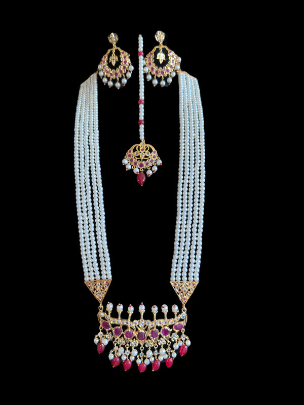 LN204 Long tirmani rani haar in rubies with earrings tika ( SHIPS IN 4 WEEKS )