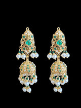 Emerald pearl short jadau necklace with jhumka earrings in gold plated silver ( READY TO SHIP)