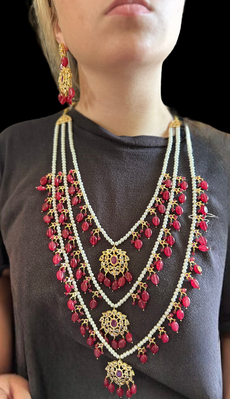 SAT79 Farmana three layer Hyderabadi Jadau necklace with earrings ( READY TO SHIP )