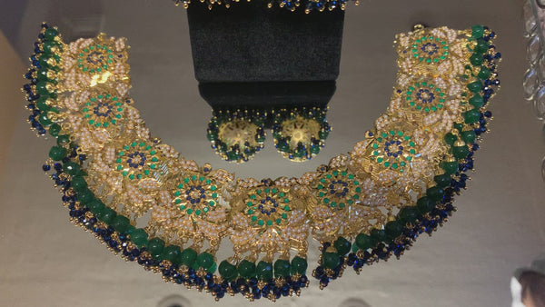 Rashmika jadau necklace with jhumka ( green blue ) (SHIPS IN 4 WEEKS )