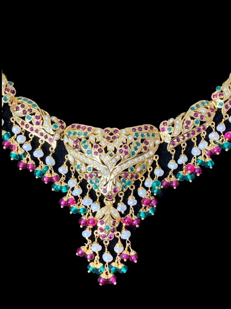 SAANVI Ruby emerald gold plated silver necklace set ( READY TO SHIP)
