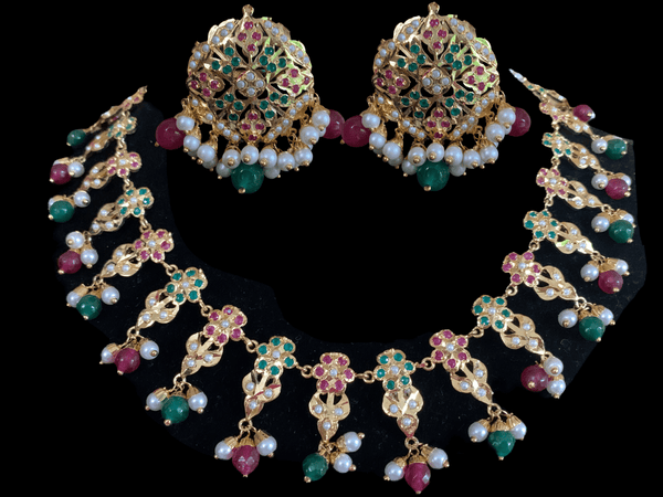 Alea punjabi Jadau necklace  set - ruby emerald   (SHIPS IN 3 WEEKS)