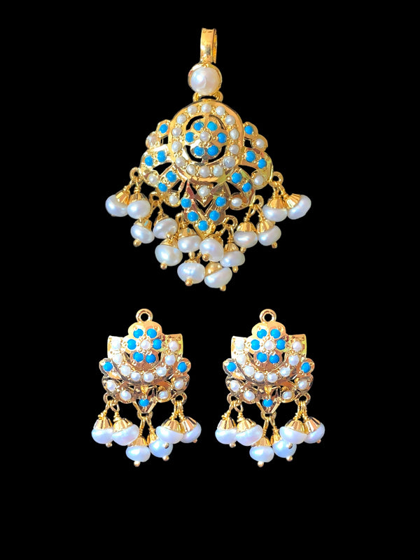 Gold plated silver pendant set in turquoise / feroza ( READY TO SHIP )