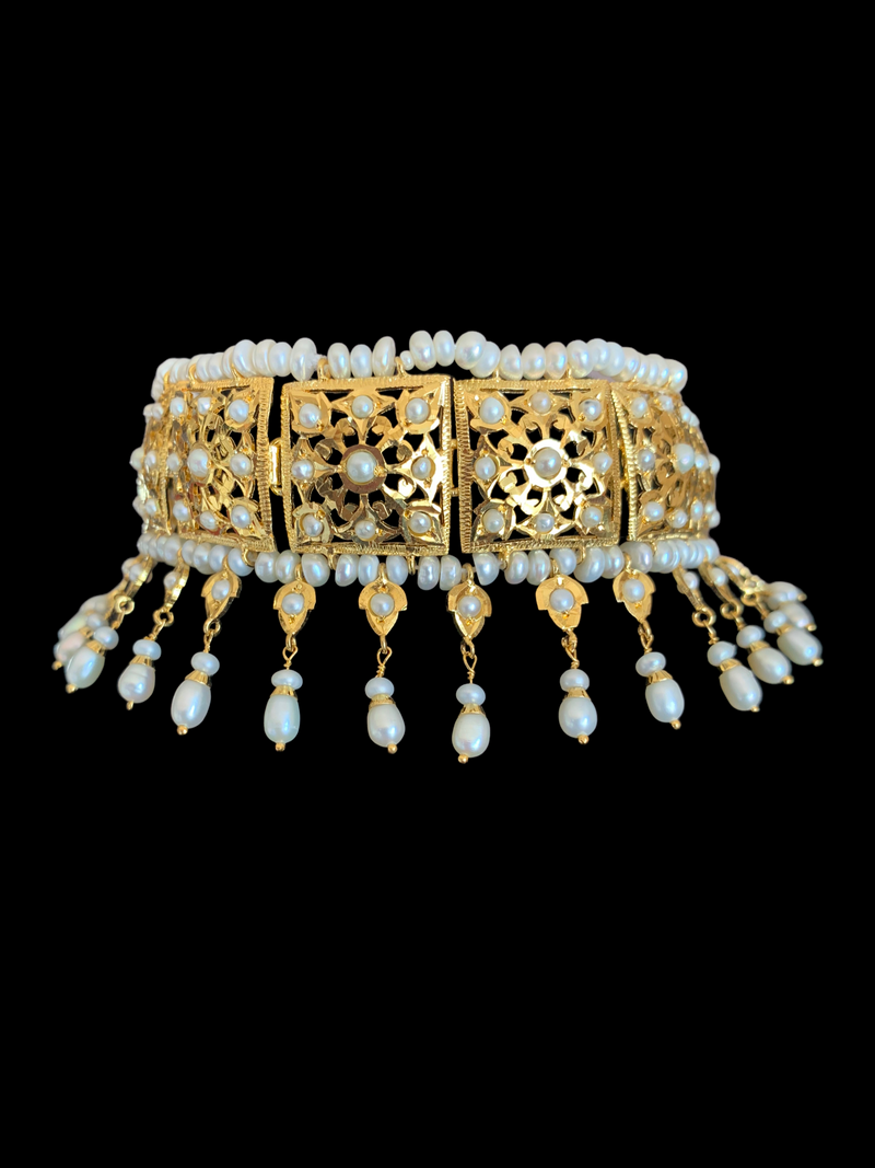 Gold plated silver jadavi choker with jhumka in fresh water pearls ( SHIPS IN 5 WEEKS )