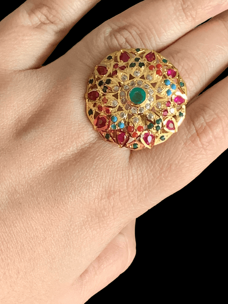 Navratan , multicolor  gold plated silver ring ( SHIPS IN 4 WEEKS )