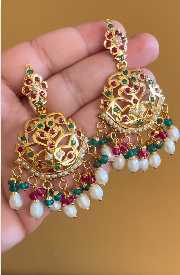 Ruby emerald with pearl earrings in gold plated silver ( READY TO SHIP )