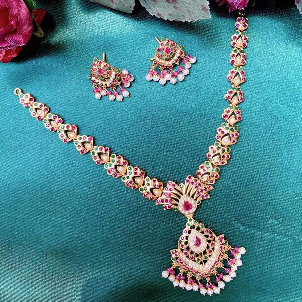 Multicolored Jadau Necklace Set in Gold Plated Silver NS 052