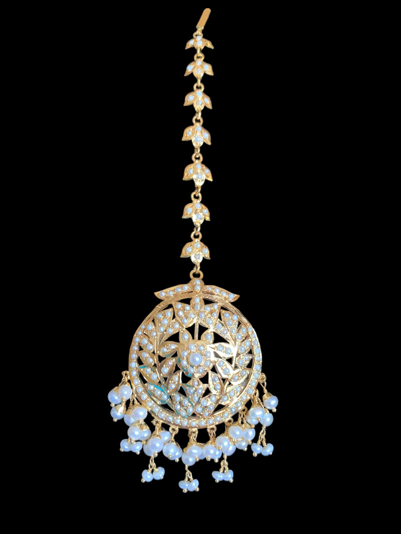Gold plated silver tika in fresh water pearls ( READY TO SHIP )