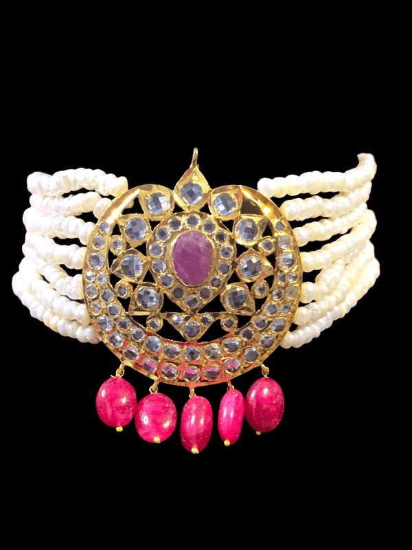 Hyderabadi fresh water pearls with ruby choker in gold plated silver ( SHIPS IN 5 WEEKS )
