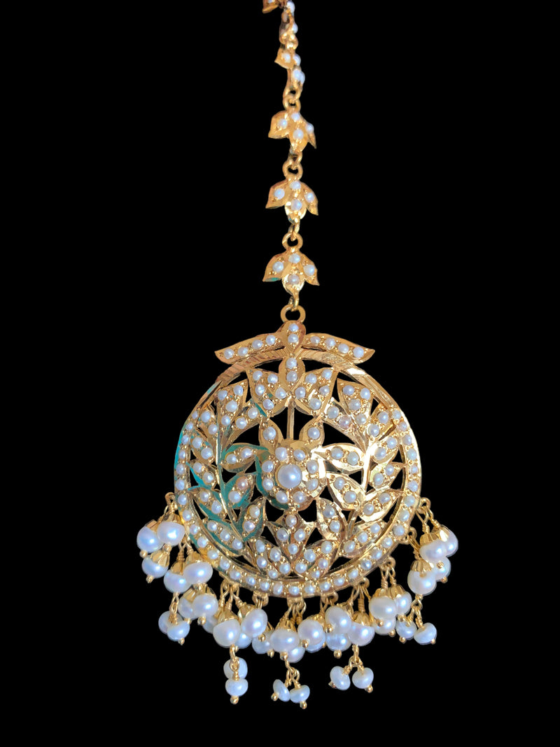 Gold plated silver tika in fresh water pearls ( READY TO SHIP )
