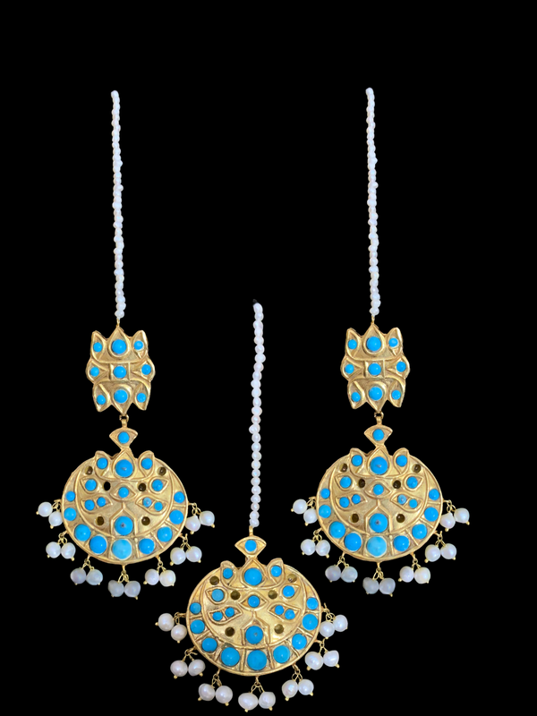 DJET30 Reza gold plated turquoise with fresh water pearls earrings tika ( READY TO SHIP)