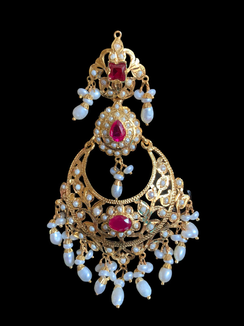 Nadine gold plated silver earrings in fresh water pearls and rubies ( SHIPS IN 4 WEEKS )