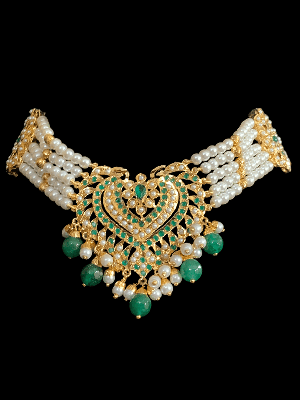 C111 Neha emerald green pearl jadau choker with earrings , Indian jewellery