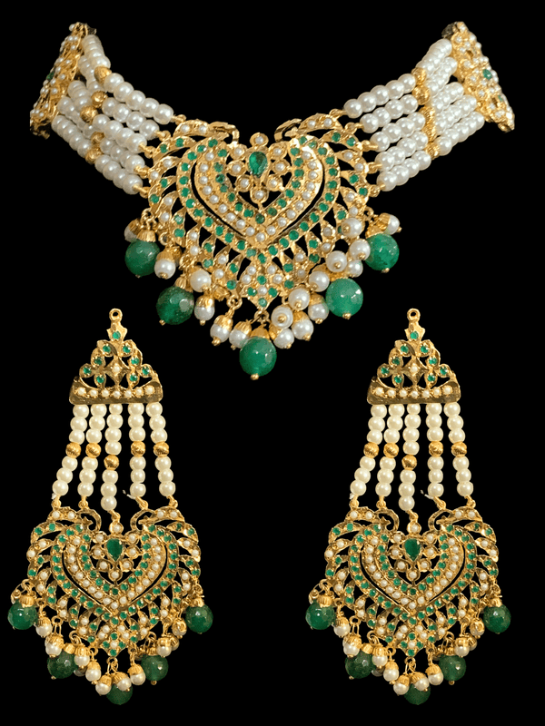 C111 Neha emerald green pearl jadau choker with earrings , Indian jewellery