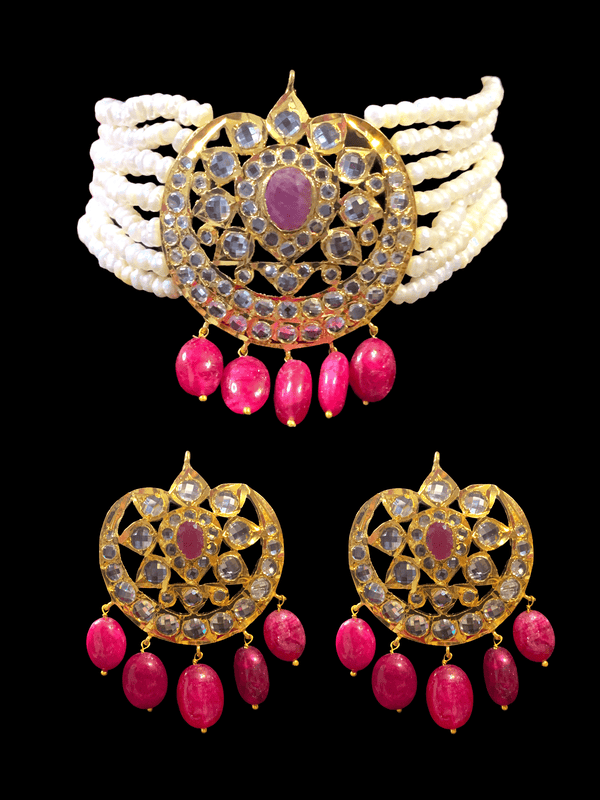 Hyderabadi fresh water pearls with ruby choker in gold plated silver ( SHIPS IN 5 WEEKS )