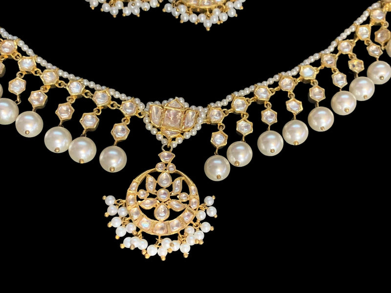 Gold plated silver moissanite and pearl necklace set