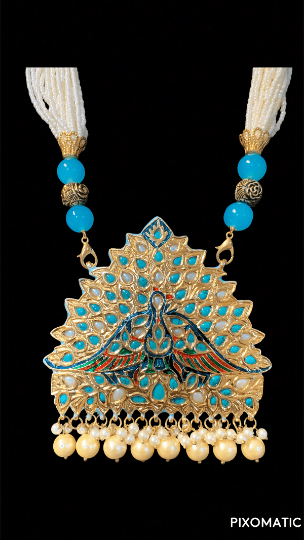 Turquoise kundan meenakari pendant set