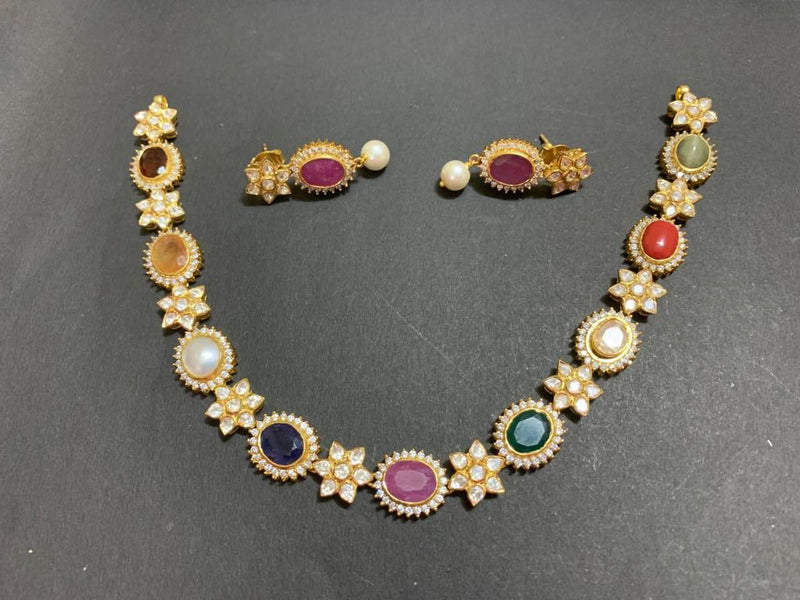 Navratan gold plated silver necklace in mossianite