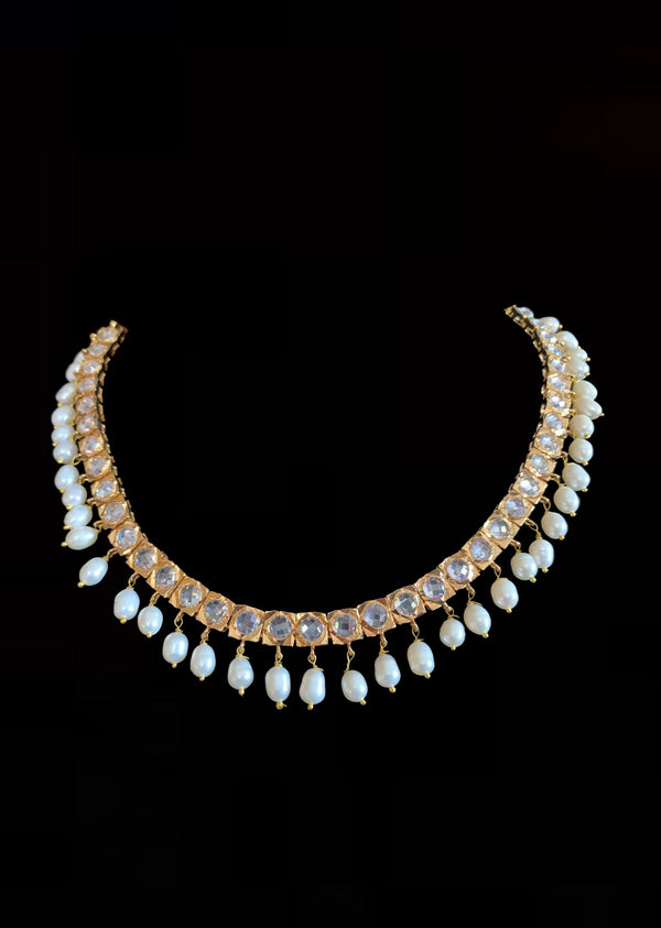 NS195 Barfi necklace with Chandbali in fresh water pearls  ( SHIPS IN 4 WEEKS )