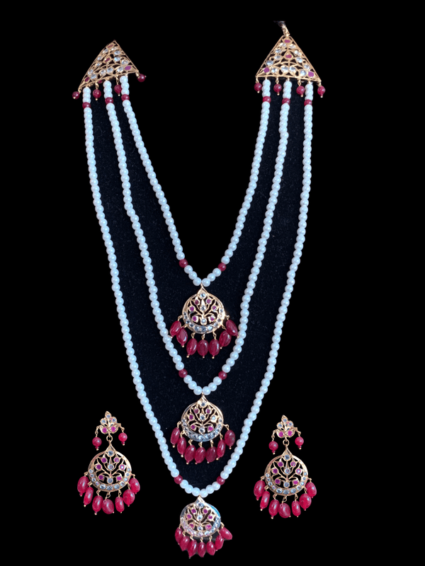 SAT39 Three layer long bridal neckalce set with earrings in rubies ( READY TO SHIP )