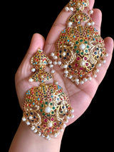 Navratan gold plated silver earrings with fresh water pearls ( SHIPS IN 4 WEEKS )