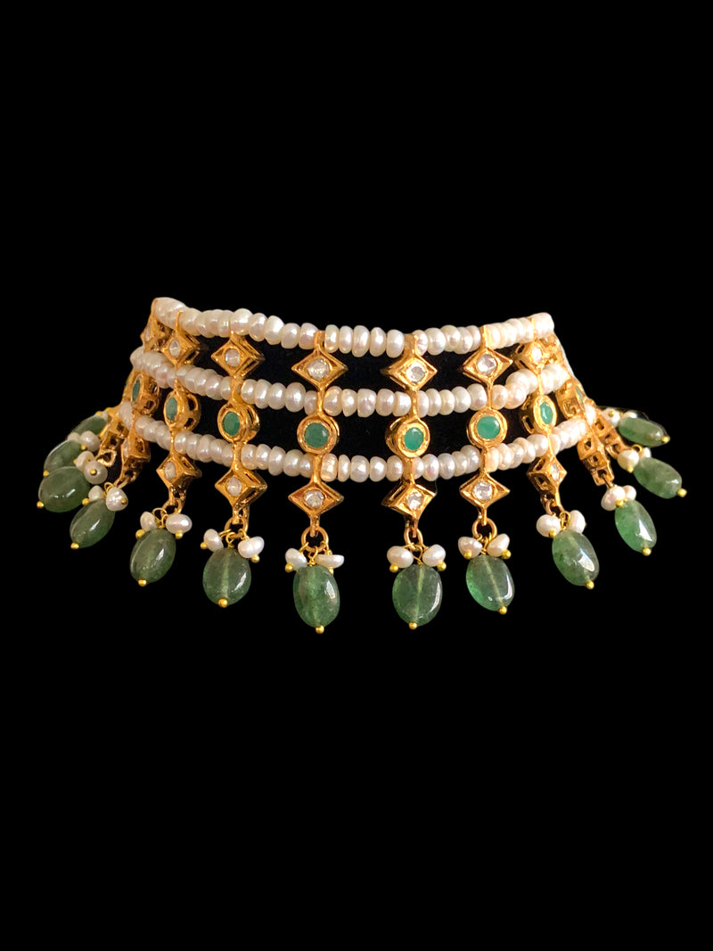 Sidra gold plated choker in emeralds and fresh water pearls ( SHIPS IN 4 WEEKS  )